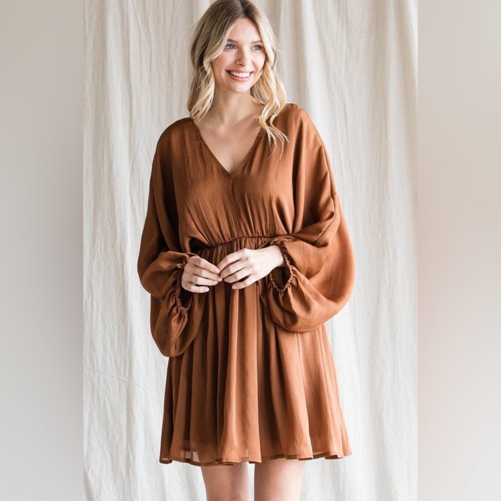 Jodifl | Short Boho Western Balloon Sleeve Tie Back Brown Burnt Rust Dress